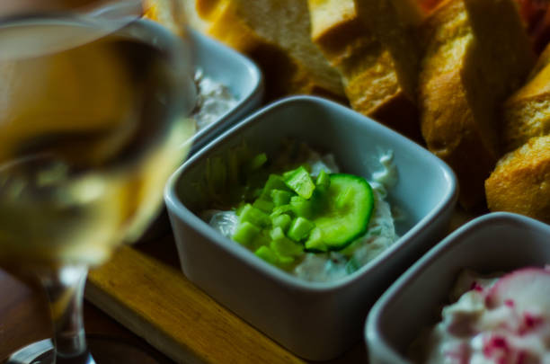 set of snacks with white cheese and cucumber, radish, mushroom, healthy and tasty snacks