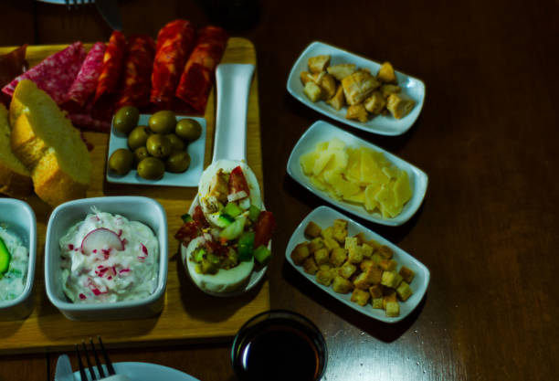 istock Set with different appetizers in small portions, healthy and delicious snacks 899207144