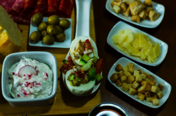 istock Set with different appetizers in small portions, healthy and delicious snacks 899207242