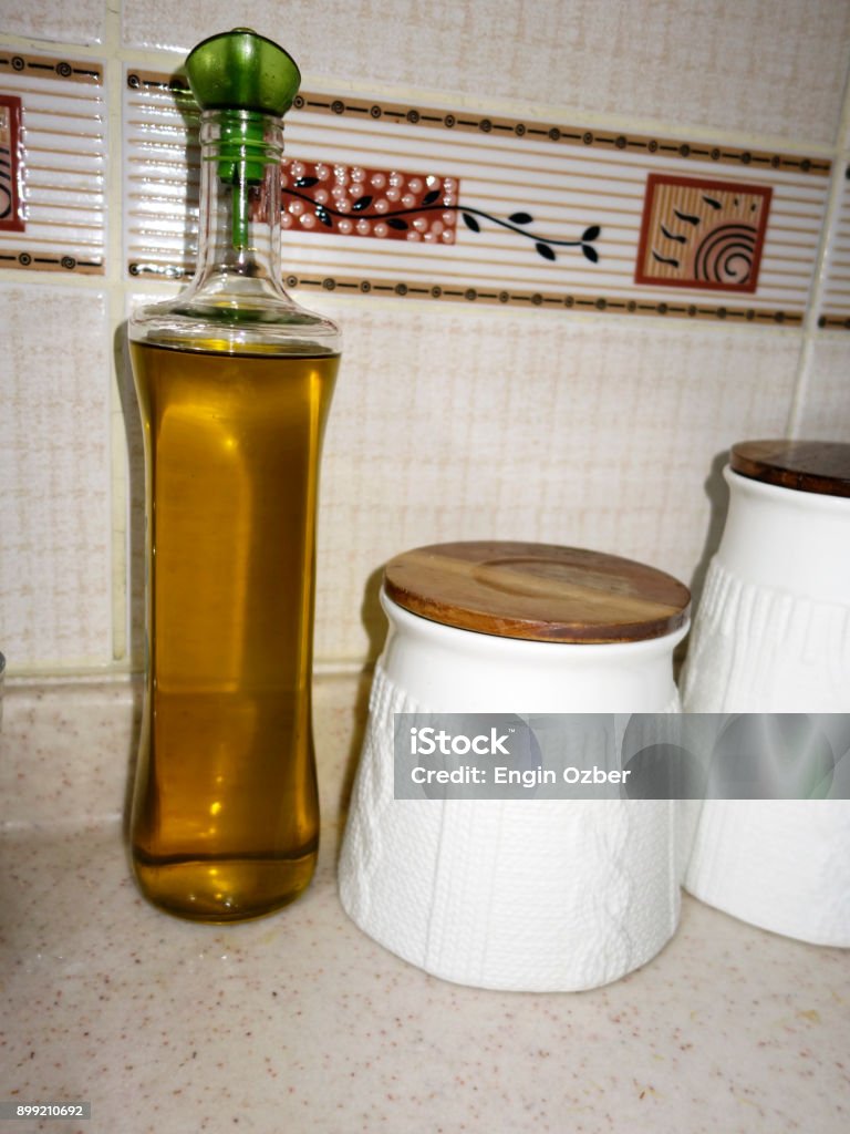 the kitchen olive oil bottle Bottle Stock Photo