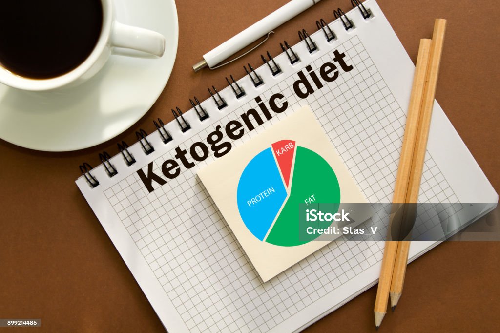 Ketogenic diet notes in the notebook in the office Desk.Concept of Ketogenic diet with chart Bean Stock Photo