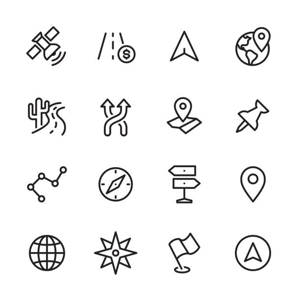 Navigation - outline icon set 16 line black and white icons / Set #40 / Navigation / physical geography illustrations stock illustrations