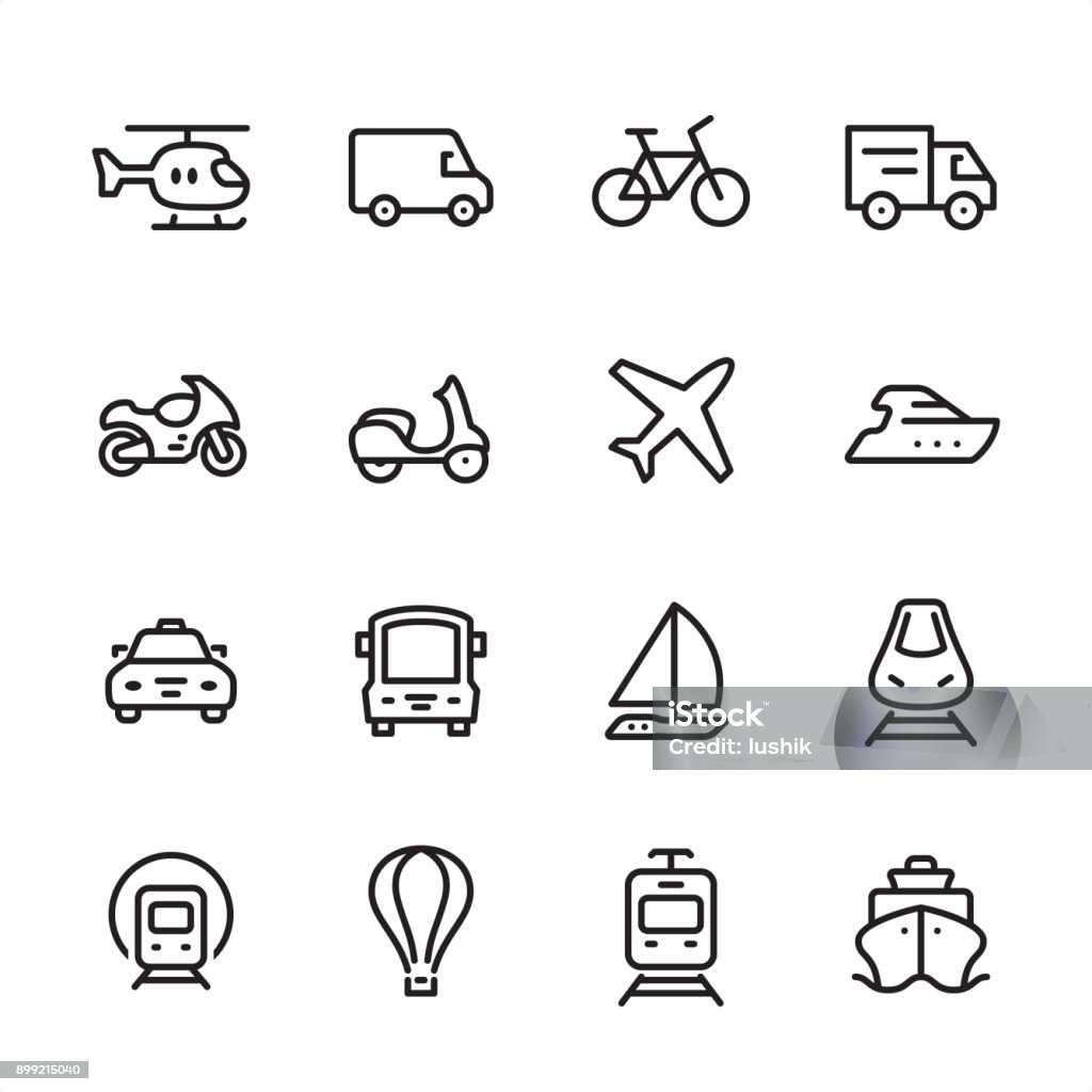 Mode of Transport - outline icon set 16 line black and white icons / Set #39 / Mode of Transport / Icon Symbol stock vector