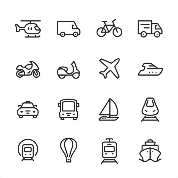 Vector illustration of Mode of Transport - outline icon set