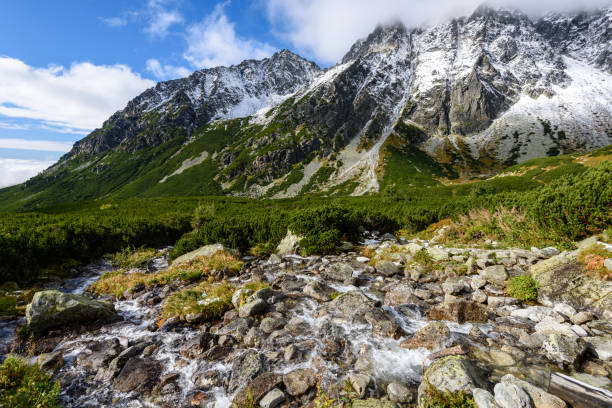 istock large Waterfall from ravine in autumn, long exposure with mountains in background 899215432