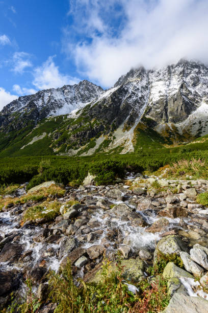 istock large Waterfall from ravine in autumn, long exposure with mountains in background 899215436