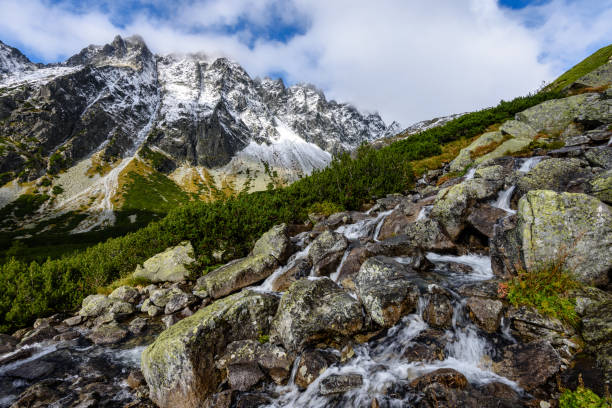 istock large Waterfall from ravine in autumn, long exposure with mountains in background 899215466