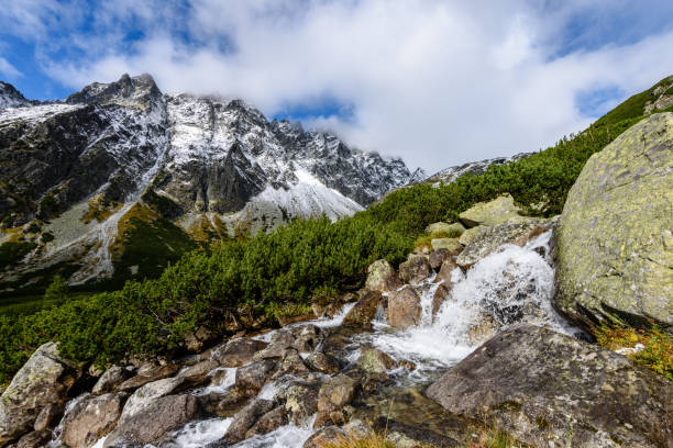 istock large Waterfall from ravine in autumn, long exposure with mountains in background 899215508