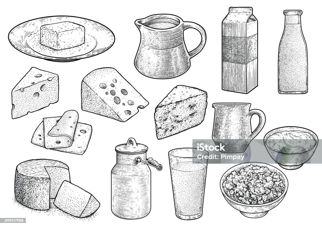 Milchprodukt-Illustration, Zeichnung, Gravur, Tinte, Strichzeichnungen, Vektor - Lizenzfrei Käse Vektorgrafik