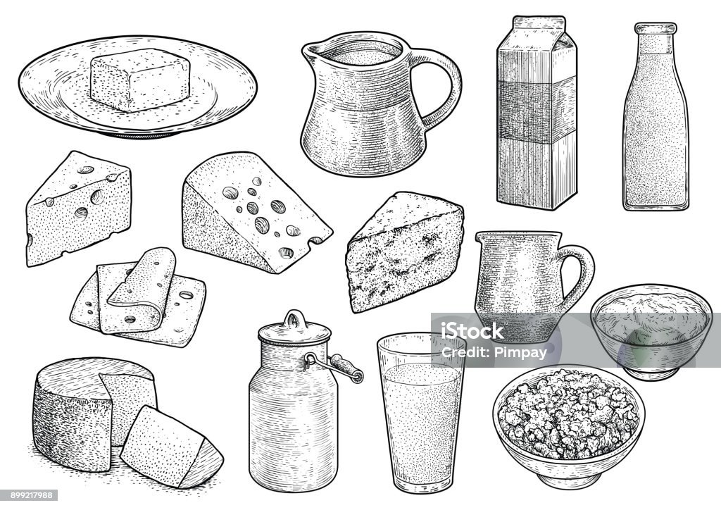Dairy product illustration, drawing, engraving, ink, line art, vector Illustration, what made by ink, then it was digitalized. Cheese stock vector
