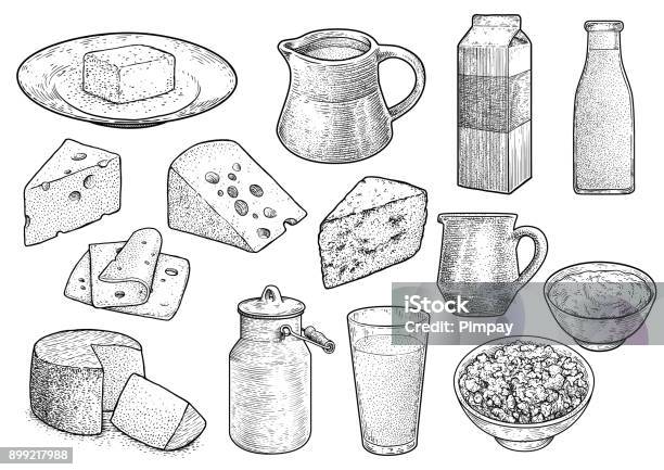 Dairy Product Illustration Drawing Engraving Ink Line Art Vector Stock Illustration - Download Image Now