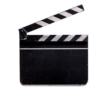 Vintage Clapperboard isolated on White Background. Front View of an old Cinema Clapperboard with Text Space.