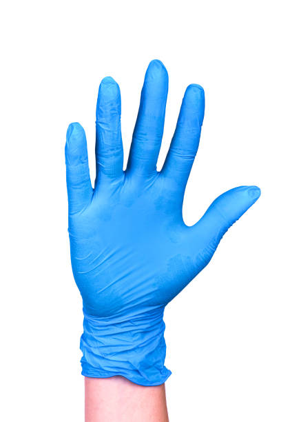 istock Gesture greeting hand in a blue glove 899226056