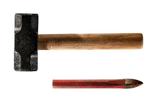 Vintage Sledgehammer and Chisel on White Background. Top View of Black Sledge Hammer with Wooden Handle and Red Metal Chisel