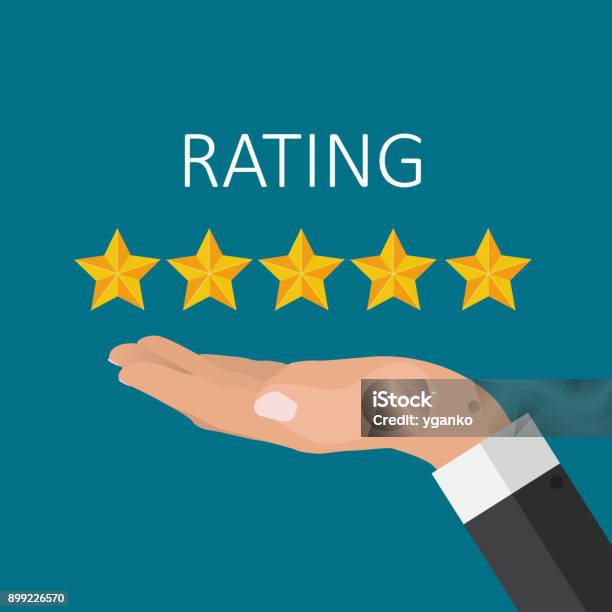 Flat Design Hand With Star Rating Evaluation System And Positive Review Sign Vector Illustratio Stock Illustration - Download Image Now