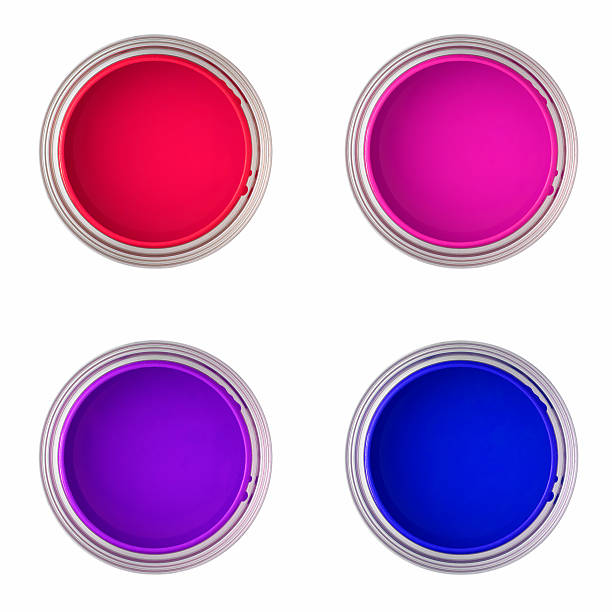 istock cans with red, pink, purple and blue paint (top view) 89922787