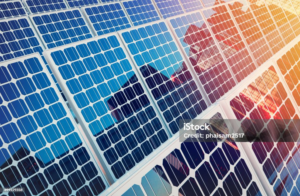 Solar panels on buildings reflect the city. Solar panels on buildings reflect the city. 3d rendering and illustration. Solar Panel Stock Photo