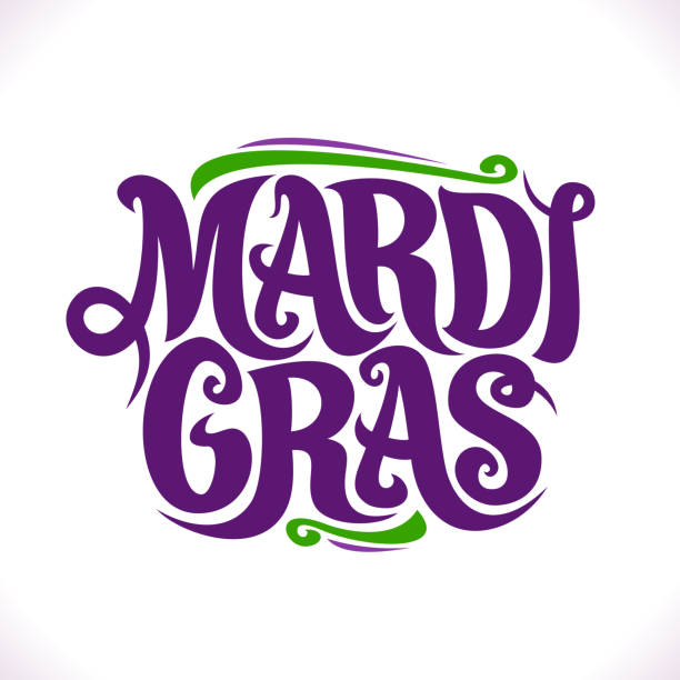 Vector poster for Mardi Gras Carnival Vector poster for Mardi Gras Carnival, original decorative font for festive purple text mardi gras on white background, handwritten brush sign with flourishes for carnival in New Orleans Louisiana. mardi gras stock illustrations