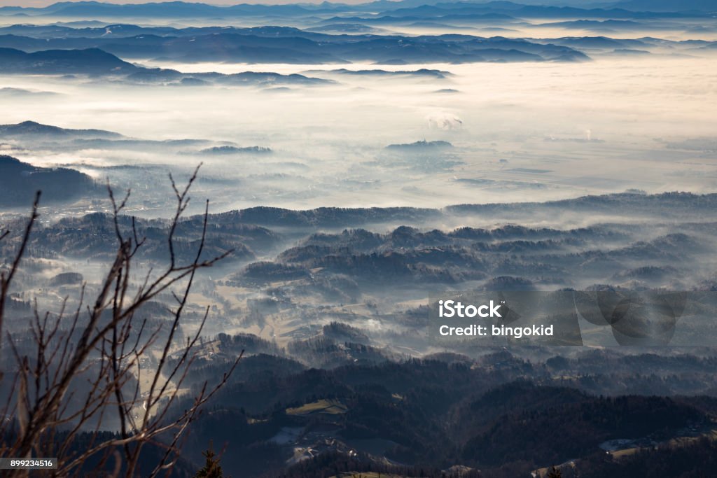 Ljubljana and Kranj in the fog from Krvavec Above Stock Photo