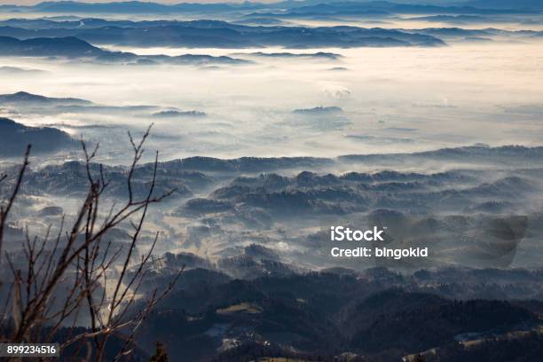 Ljubljana And Kranj In The Fog From Krvavec Stock Photo - Download Image Now - Above, Agricultural Field, Agriculture
