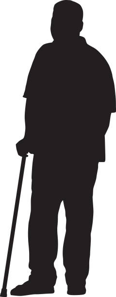 ilustrações de stock, clip art, desenhos animados e ícones de man standing with cane silhouette - old cane isolated on white white background