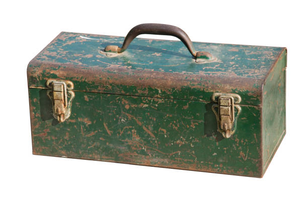 istock Old green corroded rusty tool box isolated against a white background 899243902