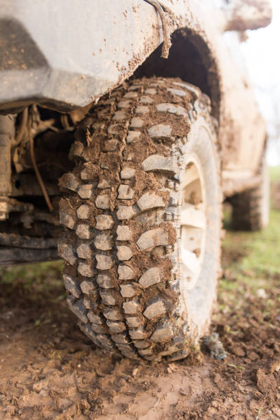 istock dirty tire SUV in nature 899246740