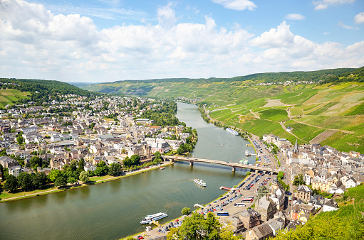 Moselle Valley Germany: View from Landshut Castle to the old town Bernkastel-Kues with vineyards and river Mosel in summer, Germany Europe