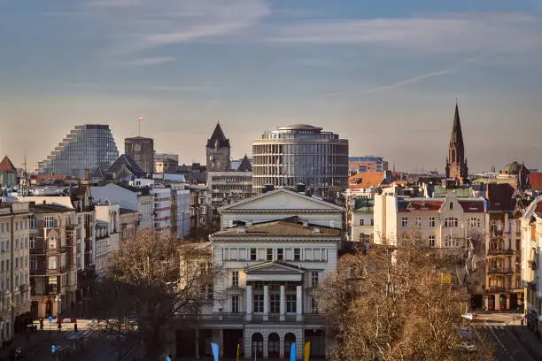 Panorama of the center of Poznan with the towers of the royal castle and church belfries