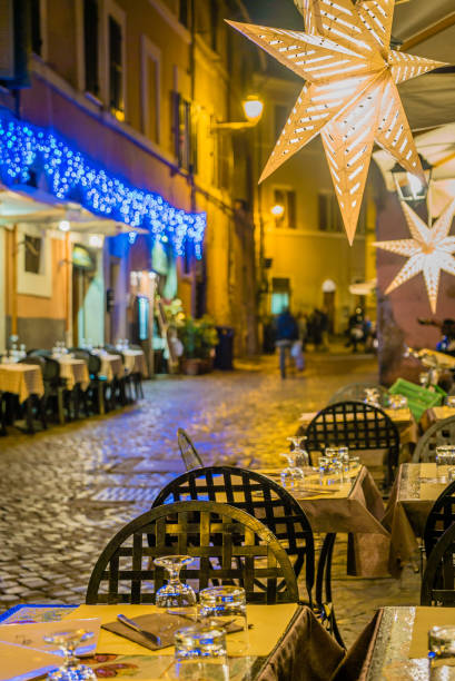 Restaurant terrace in Rome at night stock photo