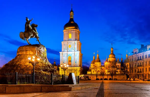 Bohdan Khmelnytsky Monument and Saint Sophia Cathedral on St. Sophia Square , Kiev, Ukraine