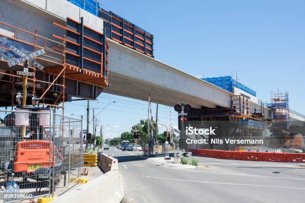 Centre Road Level Crossing Being Replaced By Skyrail Elevated Train Tracks In Clayton South Melbourne Stock Photo - Download Image Now