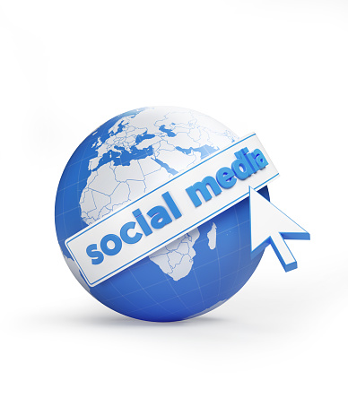 Social media concept. A mouse cursor is clicking social media text on a globe textured with blue and white world map. Vertical composition with copy space. Clipping path is included.