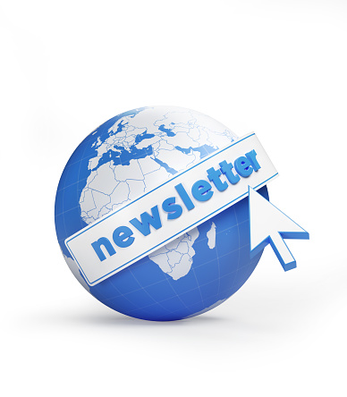 Newsletter concept. A mouse cursor is clicking newsletter text on a globe textured with blue and white world map. Vertical composition with copy space. Clipping path is included.