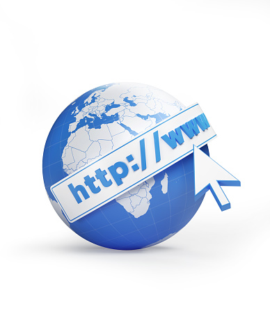 Internet concept. A mouse cursor is clicking http text on a globe textured with blue and white world map. Vertical composition with copy space. Clipping path is included.