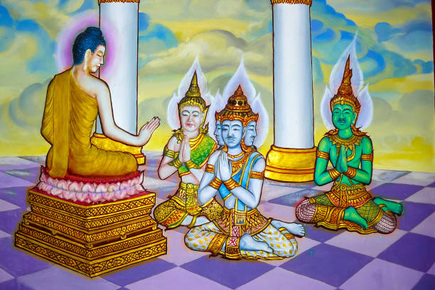 Native Thai mural depict a previous life of Buddha on wall in Buddhist temple of Wat Suwandararam in Ayuttaya, Thailand.