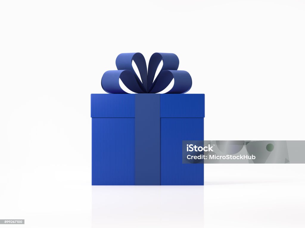 Blue Gift Box Tied with Blue Ribbon Realistic 3D render of a blue gift box tied with blue ribbon.  Gift box is isolated on white background. Clipping path for gift box and ribbon is included. Side view. Horizontal composition with copy space. Gift Stock Photo