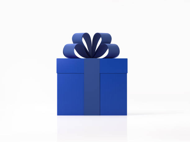 Blue Gift Box Tied with Blue Ribbon Realistic 3D render of a blue gift box tied with blue ribbon.  Gift box is isolated on white background. Clipping path for gift box and ribbon is included. Side view. Horizontal composition with copy space. present box stock pictures, royalty-free photos & images