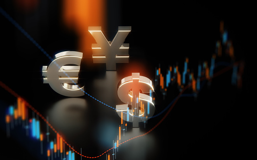 Global forex and commodity concept. Yen US Dollar and Euro symbols with financial analysis graphs on black background. Selective focus. Horizontal composition with copy space.