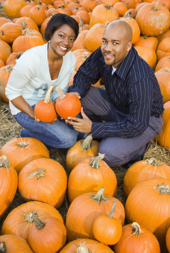 African American couple picking out pumpkins and smiling at outdoor market.