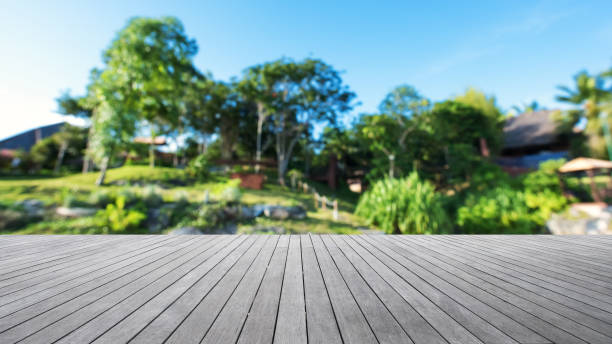 istock Wooden platform with tropical idyllic landscape abstract background 899271296