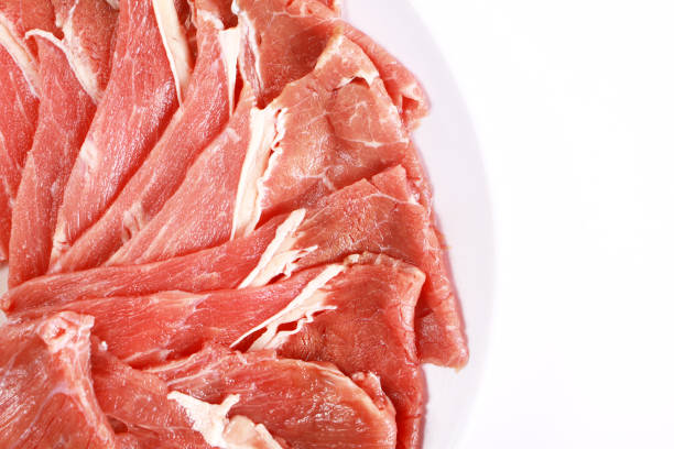 Close up image of fresh uncooked raw sukiyaki thin sliced meat