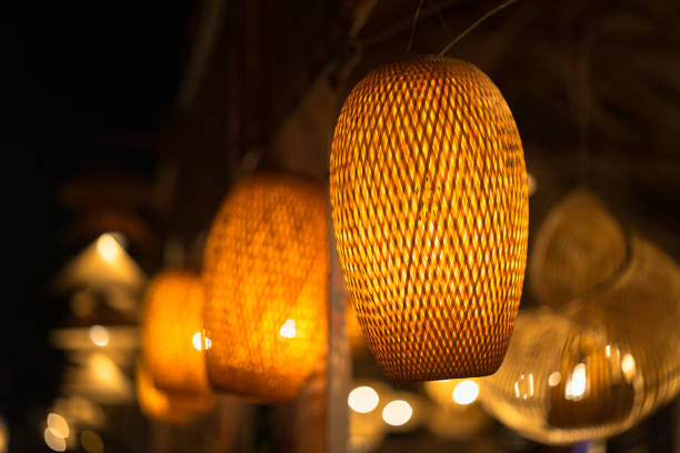 Decorating hanging lantern lamps in wooden wicker made from bamboo