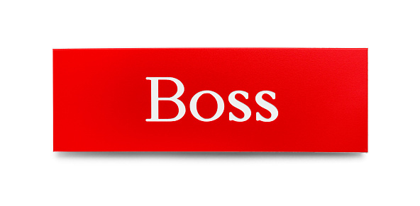 Red and White Boss Plastic Name Pin Isolated on White Background.