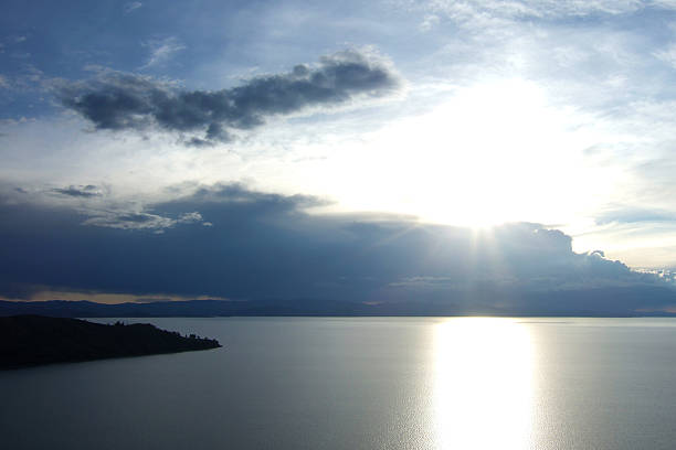 View over Titicaca Lake at sunset stock photo