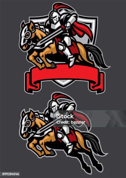 Knight Warrior Riding Horse Mascot Stock Illustration - Download Image Now - Knight - Person, Logo, Horse