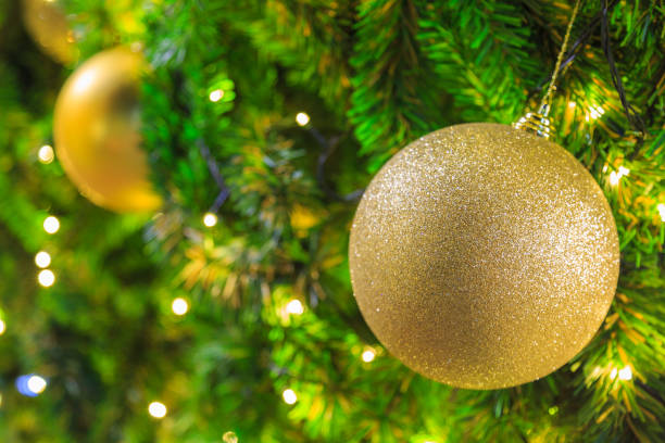 istock Golden shiny balls hanging on Christmas tree. 899287332