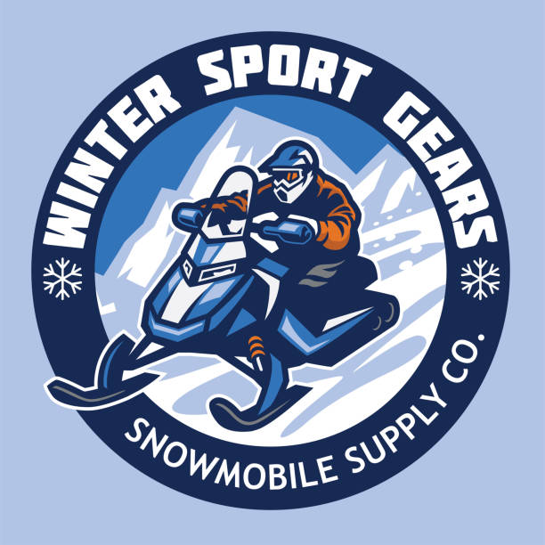 illustrazioni stock, clip art, cartoni animati e icone di tendenza di design badge negozio motoslitta - snowmobiling snow winter mountain