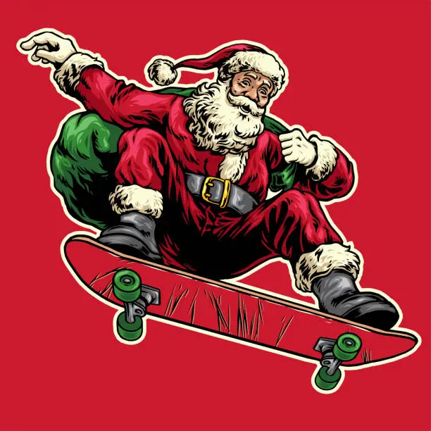 Vector illustration of Hand Drawing style of santa claus jumping with riding skateboard