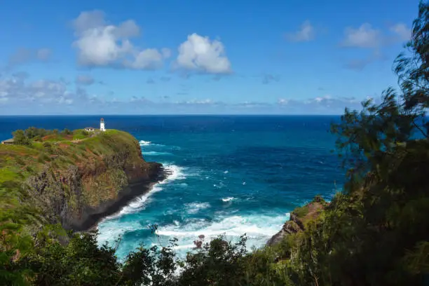 Photo of Kilauea Lighthouse bay on a sunny day in Kauai, Hawaii